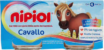 Cavallo omogeneizzato con cavallo e cereale front packaging
