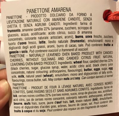 Panertone con amareta ingredients label
