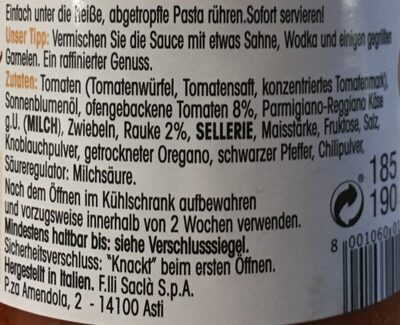 Pesto Tomaten al forno Rucola ingredients label