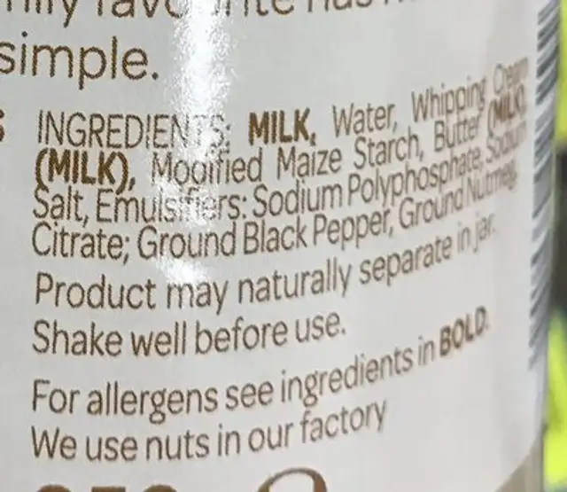 Besciamela Sauce for Lasagne ingredients label