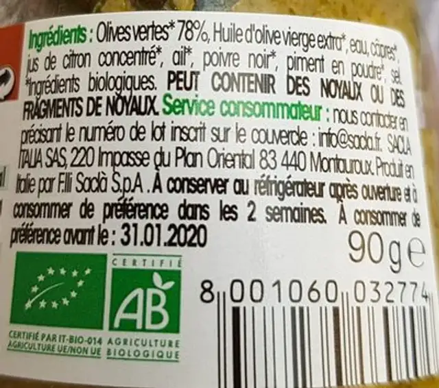 Tapenade olives vertes ingredients label