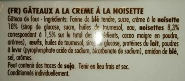 TORTINI con crema alla Nocciola ingredients label
