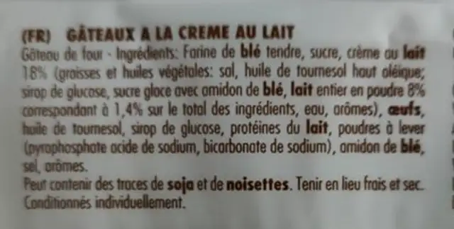 Tortini con crema di latte ingredients label