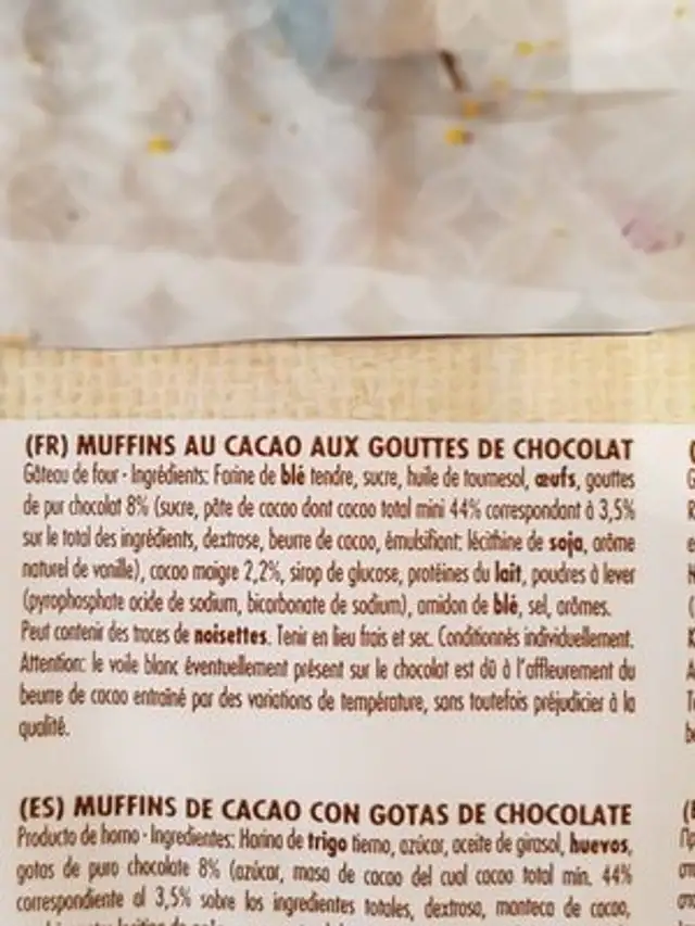 Muffins al cacao ingredients label