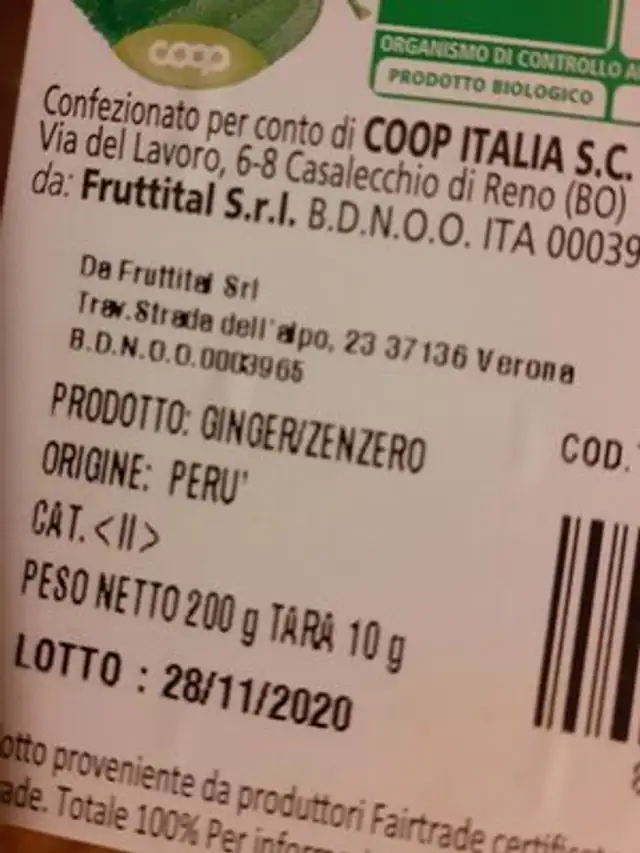Finger zenzero nutrition facts table
