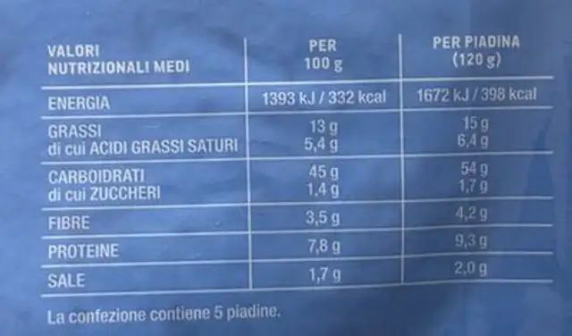 Piadina romagnola IGP alla riminese nutrition facts table