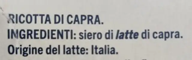 Ricotta di Capra ingredients label