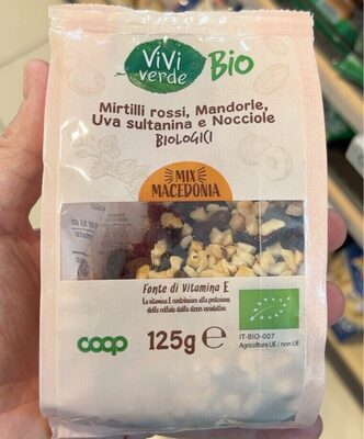 Mirtilli rossi, mandorle, uva sultanina e nocciole front packaging