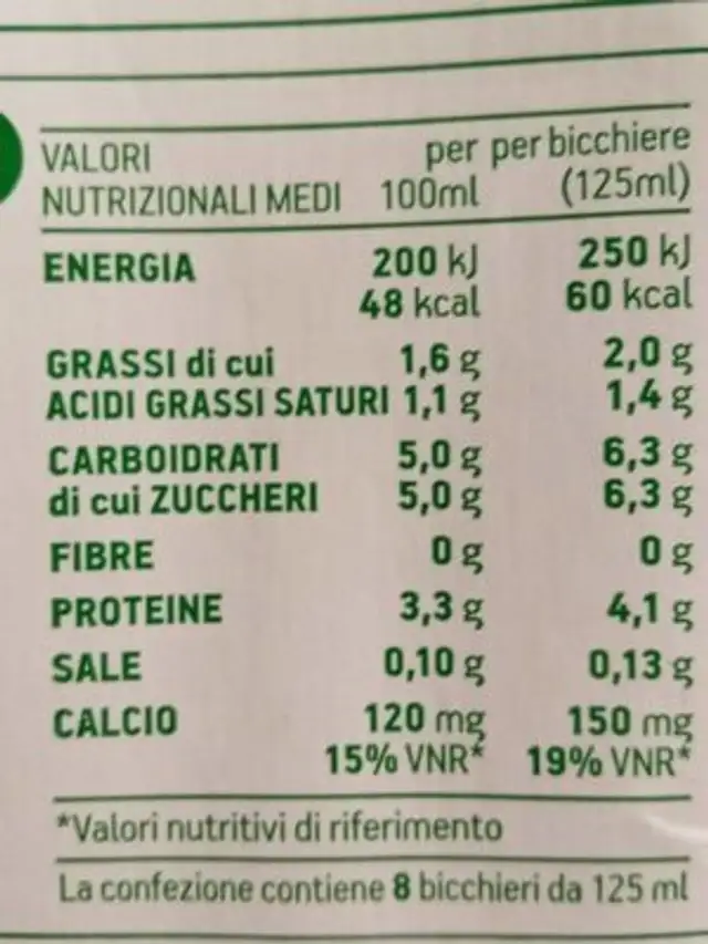 Latte UHT parzialmente scremato nutrition facts table