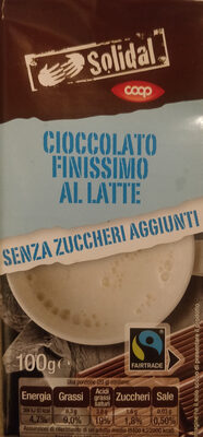 Cioccolato finissimo al latte senza zuccheri aggiunti front packaging