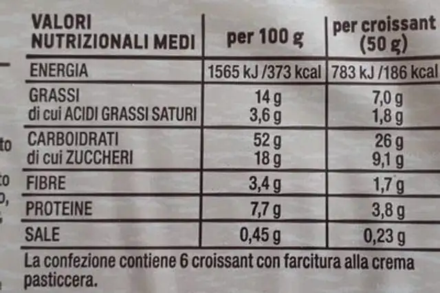 Croissant alla Crema Pasticcera nutrition facts table