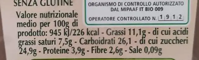 gelato al cacao biologico nutrition facts table