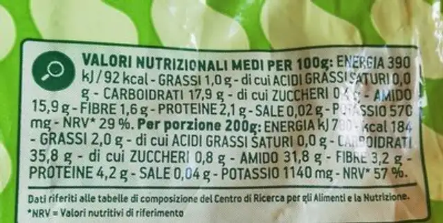 Patate Gialle Coop nutrition facts table