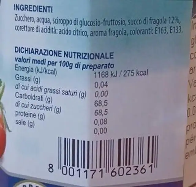 Sciroppo Alla Fragola nutrition facts table