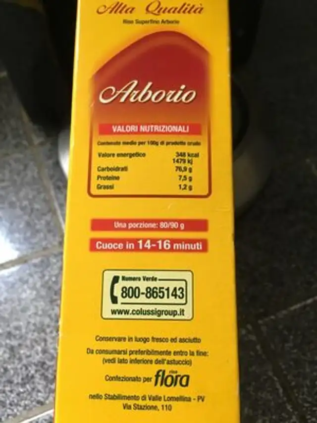 Riso arborio ingredients label
