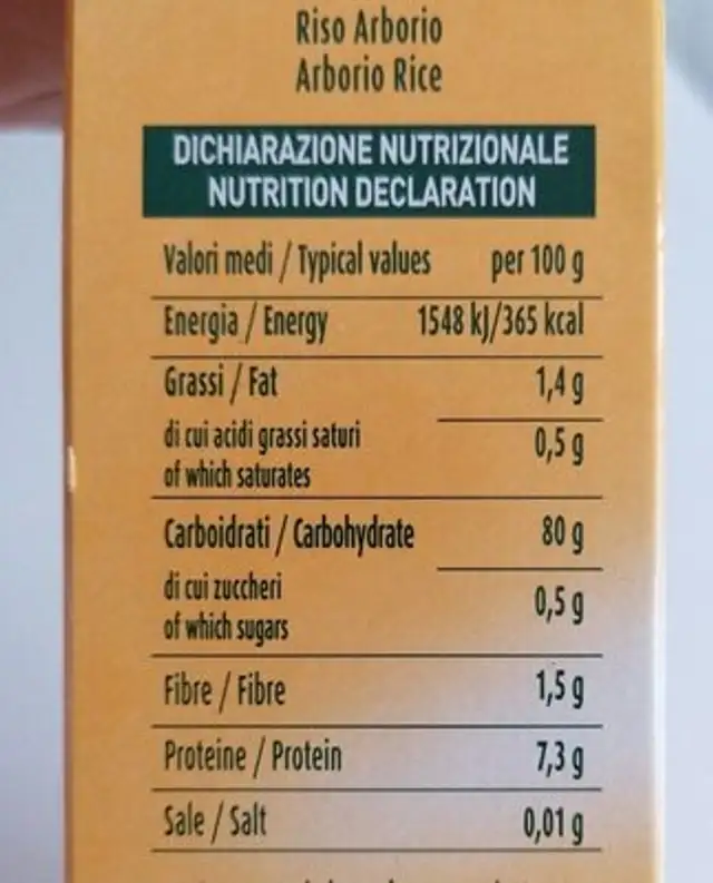 Riso arborio nutrition facts table