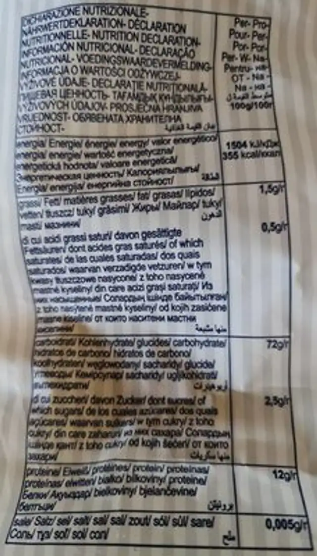 I conchiglioni nutrition facts table