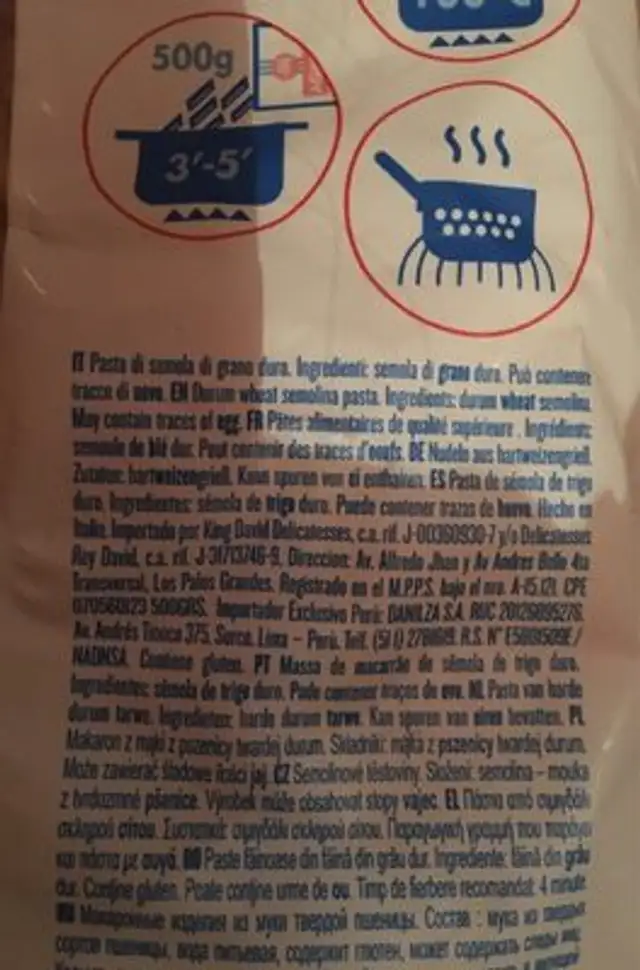 I Tagliolini ingredients label