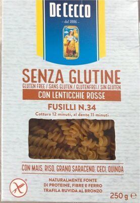 Fusili senza glutine con lenticchie rosse front packaging