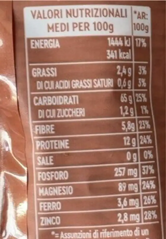 Bio farro integrale nutrition facts table