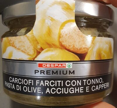 Carciofi farciti con tonno, pasta di olive, acciughe e capperi front packaging
