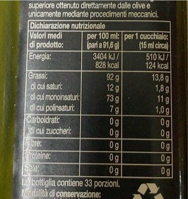 Olio extra vergine d’oliva 100% italiano nutrition facts table