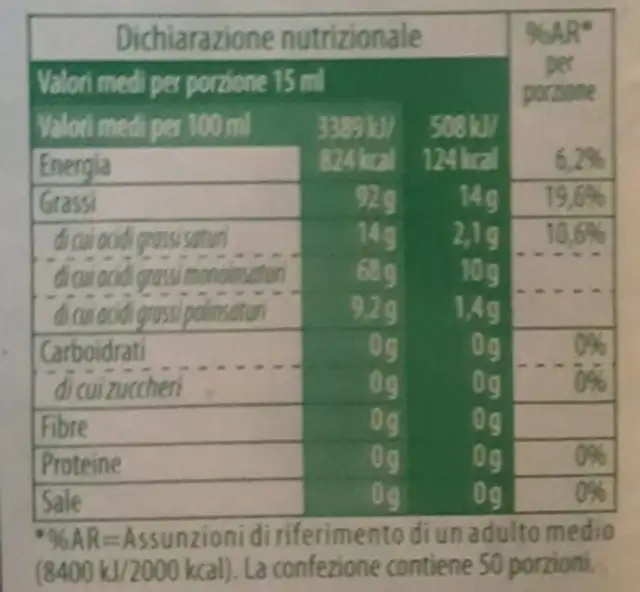Olio extravergine di oliva biologico nutrition facts table