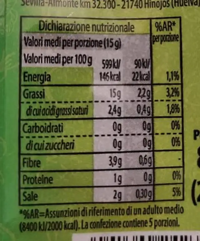 Olive verdi e nere a rondelle nutrition facts table