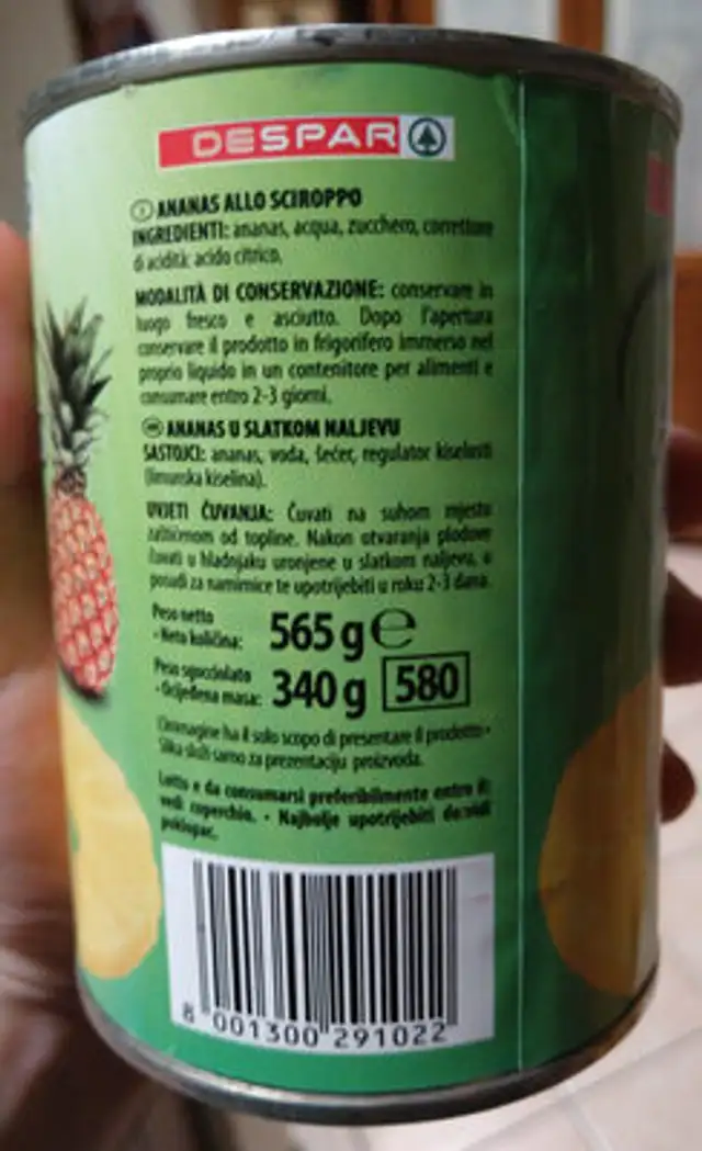 Ananas allo sciroppo ingredients label