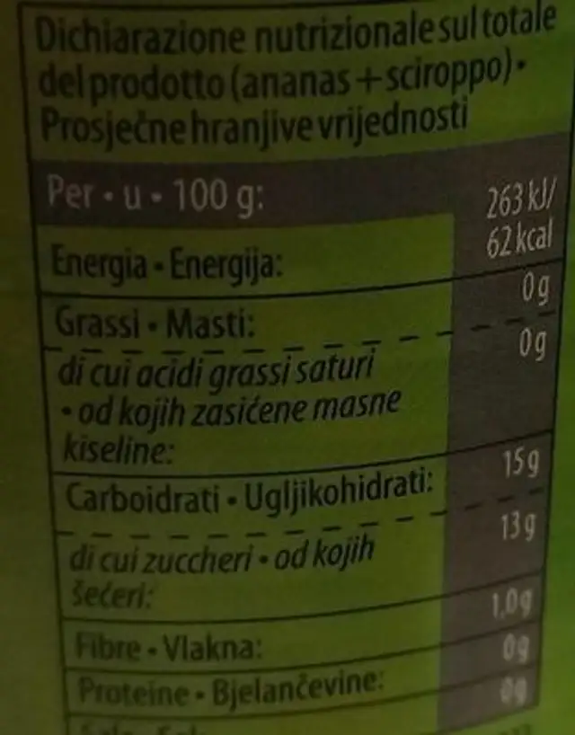 Ananas allo sciroppo nutrition facts table