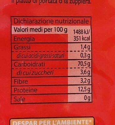 Pasta nutrition facts table