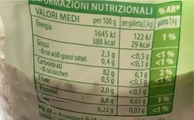 Gallette di riso nutrition facts table