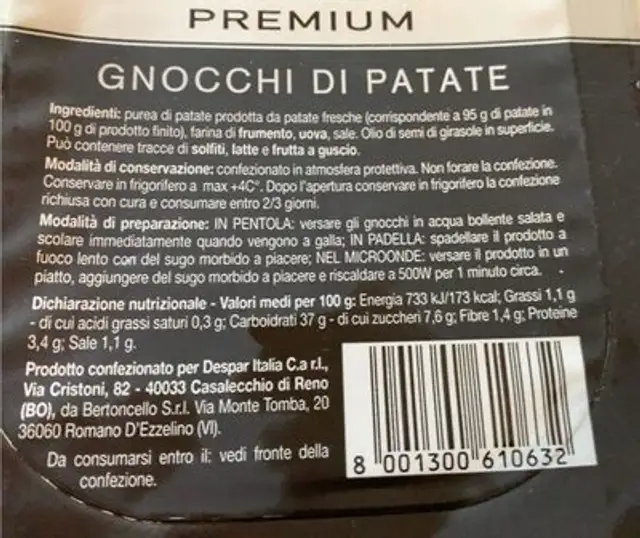 Gnocchi di patate nutrition facts table