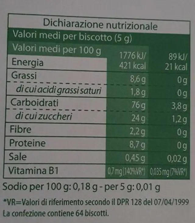 Biscottini solubili biologici nutrition facts table