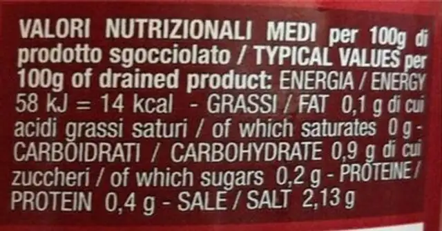 Carotine sottaceto nutrition facts table