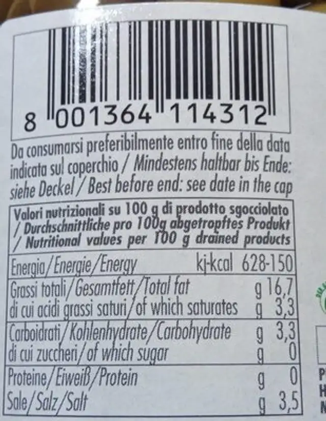 Olive verdi denocciolate nutrition facts table