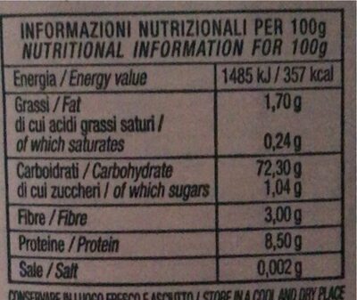 Farina midta di polenta taragna nutrition facts table
