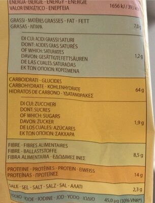 Grissini integrali nutrition facts table