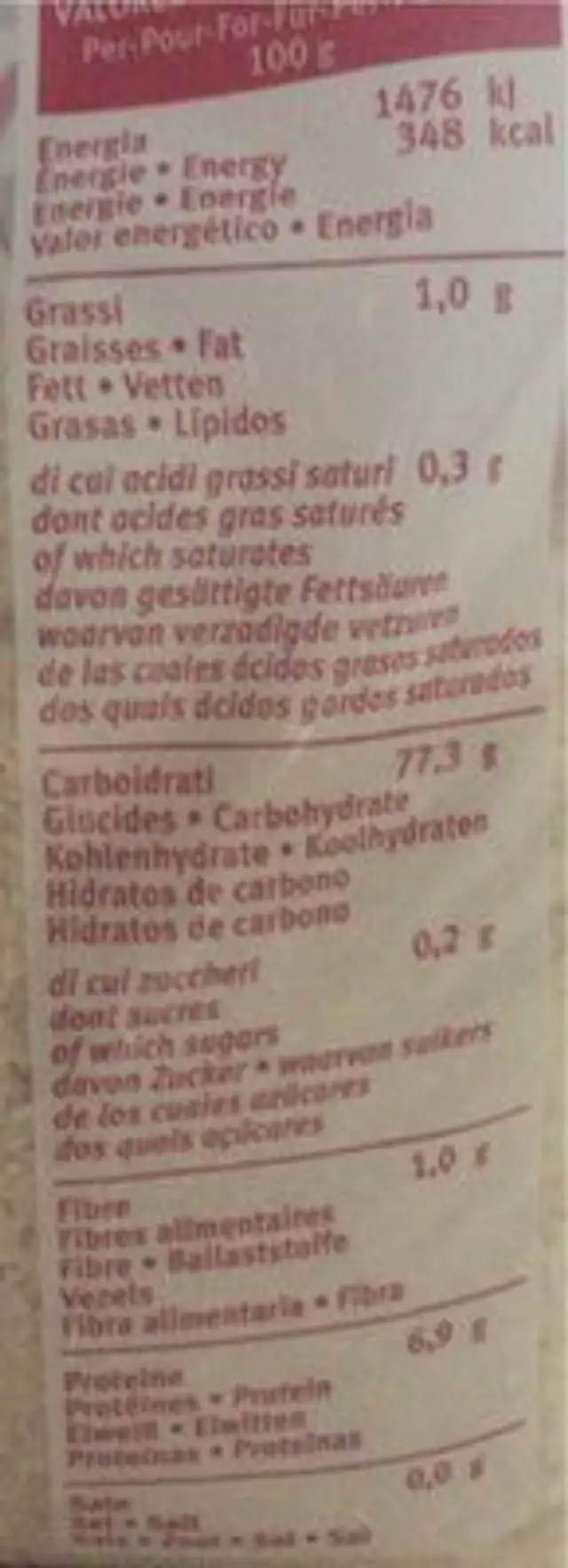 Riso nutrition facts table
