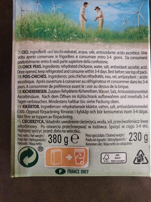 Chick peas ingredients label