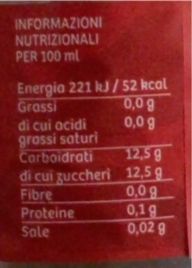 Succo al melograno nutrition facts table