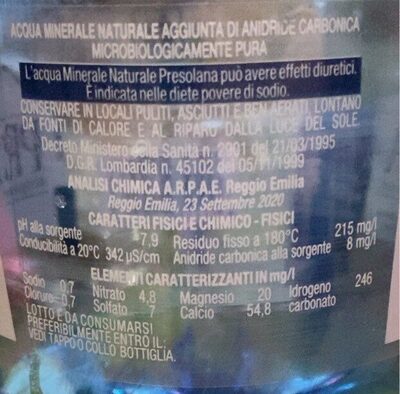 Acqua presolana nutrition facts table