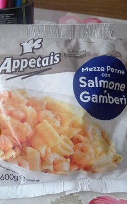 Mezze penne con salmone e gamberi front packaging