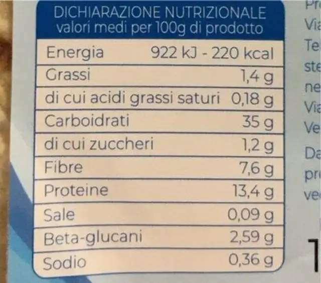 piadina funzionale salus nutrition facts table
