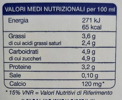 Latte intero latte UHT nutrition facts table