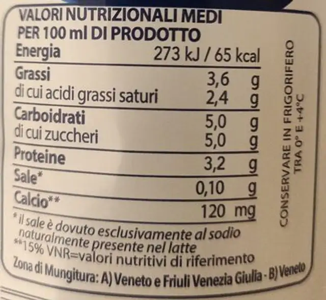 Latte fresco alta qualità nutrition facts table