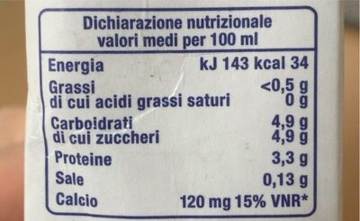 Latte UHT scremato a lunga conservazione nutrition facts table