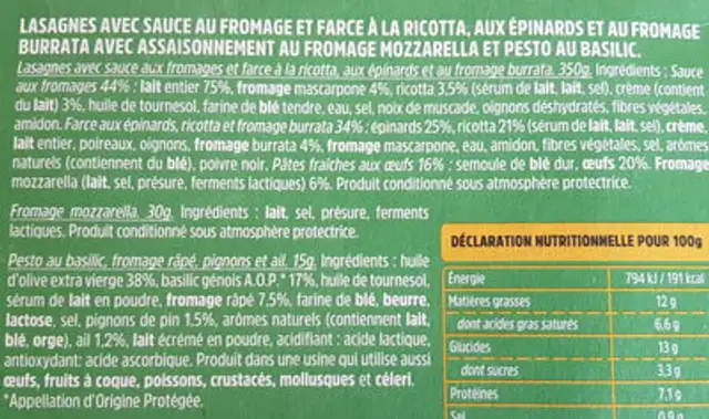 Lasagnes fraîches - Burrata & Épinards ingredients label