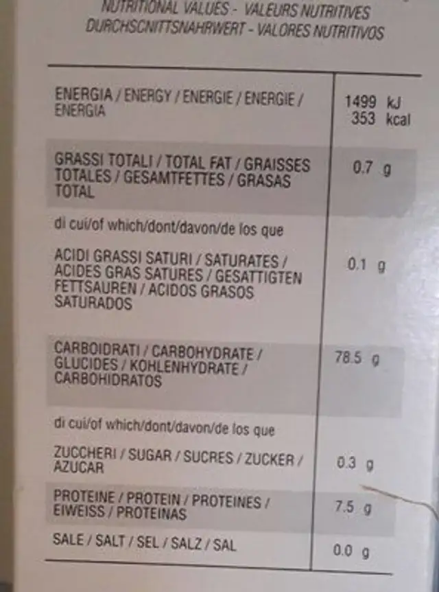 Riso Arborio nutrition facts table