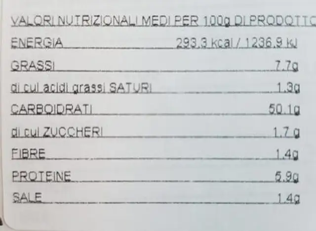 Buoni e pronti nutrition facts table
